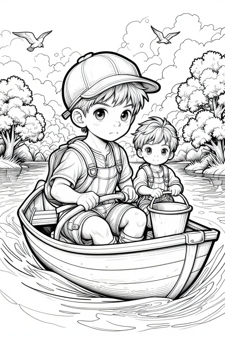 The image depicts a scene of two children on a small boat navigating through a body of water. The child at the front is we...
