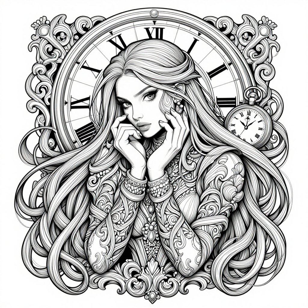 The image is a detailed black-and-white illustration featuring a woman with long,  flowing hair. She is adorned in intrica...