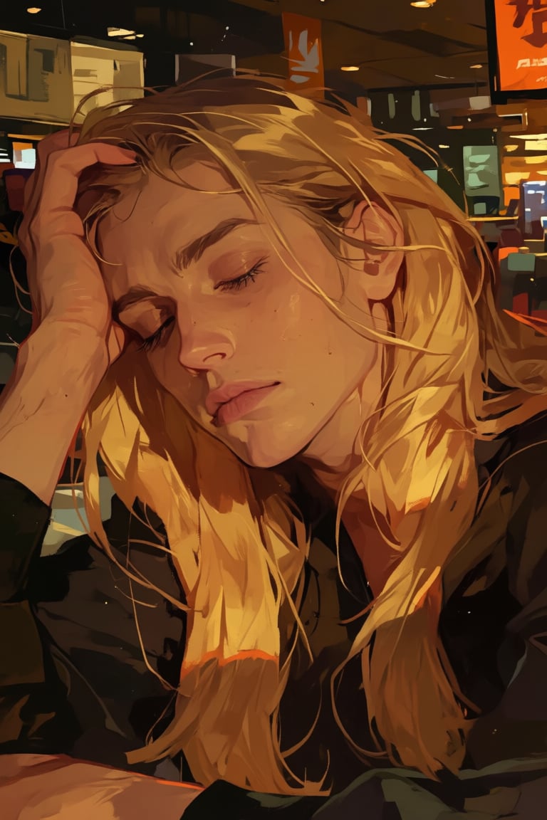 The image depicts a person with long,  blonde hair wearing a black top. The individual is holding their head with one hand...