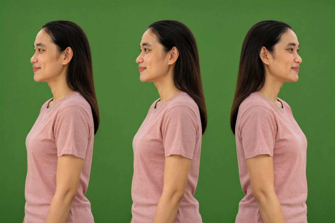 This is a photograph featuring a young Asian woman with straight,  long dark brown hair. She is depicted in three separate...