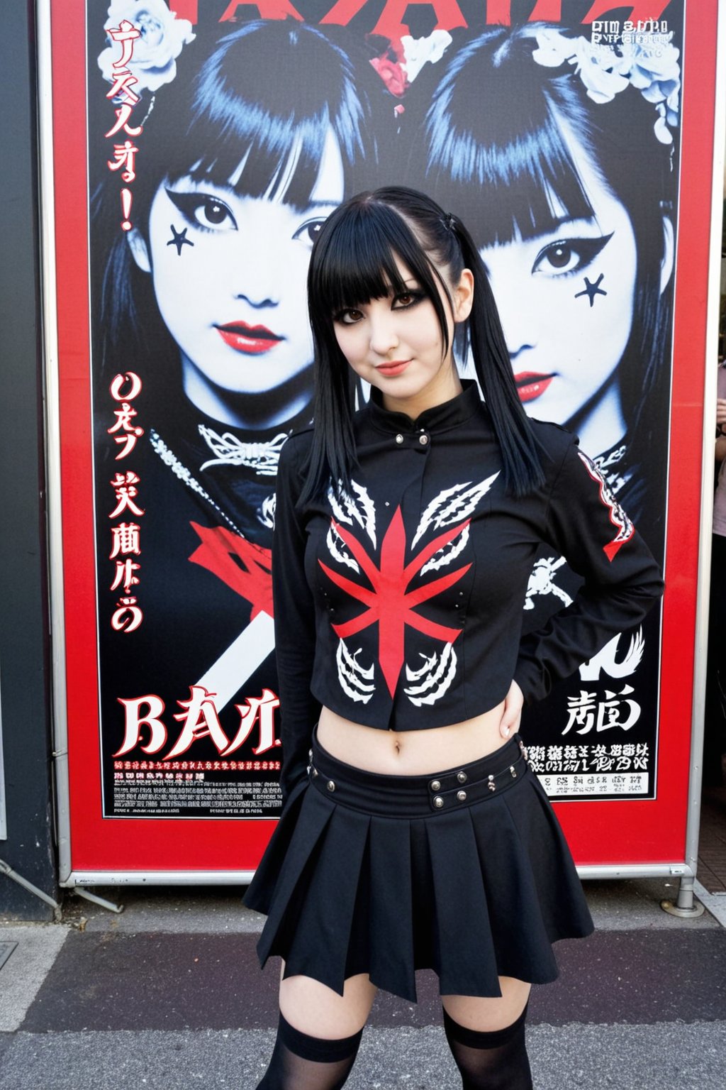 Photograph of an emo woman on a street posing in front of a "babymetal" concert poster,  posing in a kawaii style. by CMR...