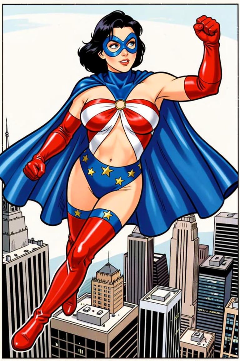 comic drawing of spellbinder superheroine flying over NYC in a superman pose [costume] A blue infinity-shaped mask over ey...