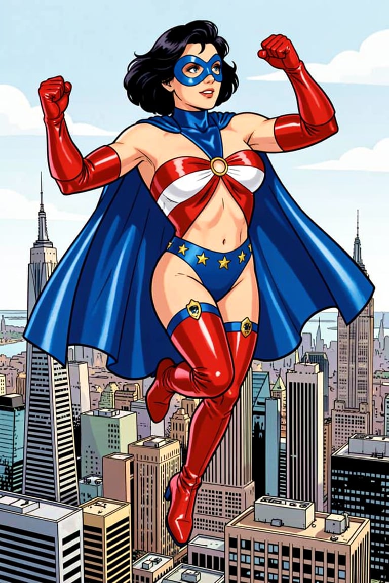 comic drawing of spellbinder superheroine flying over NYC in a superman pose [costume] A blue infinity-shaped mask over ey...