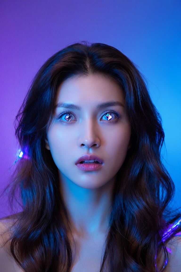 In the surreal close-up,  a woman s face fills the frame with an unsettling stillness her skin smooth yet unnervingly lu...