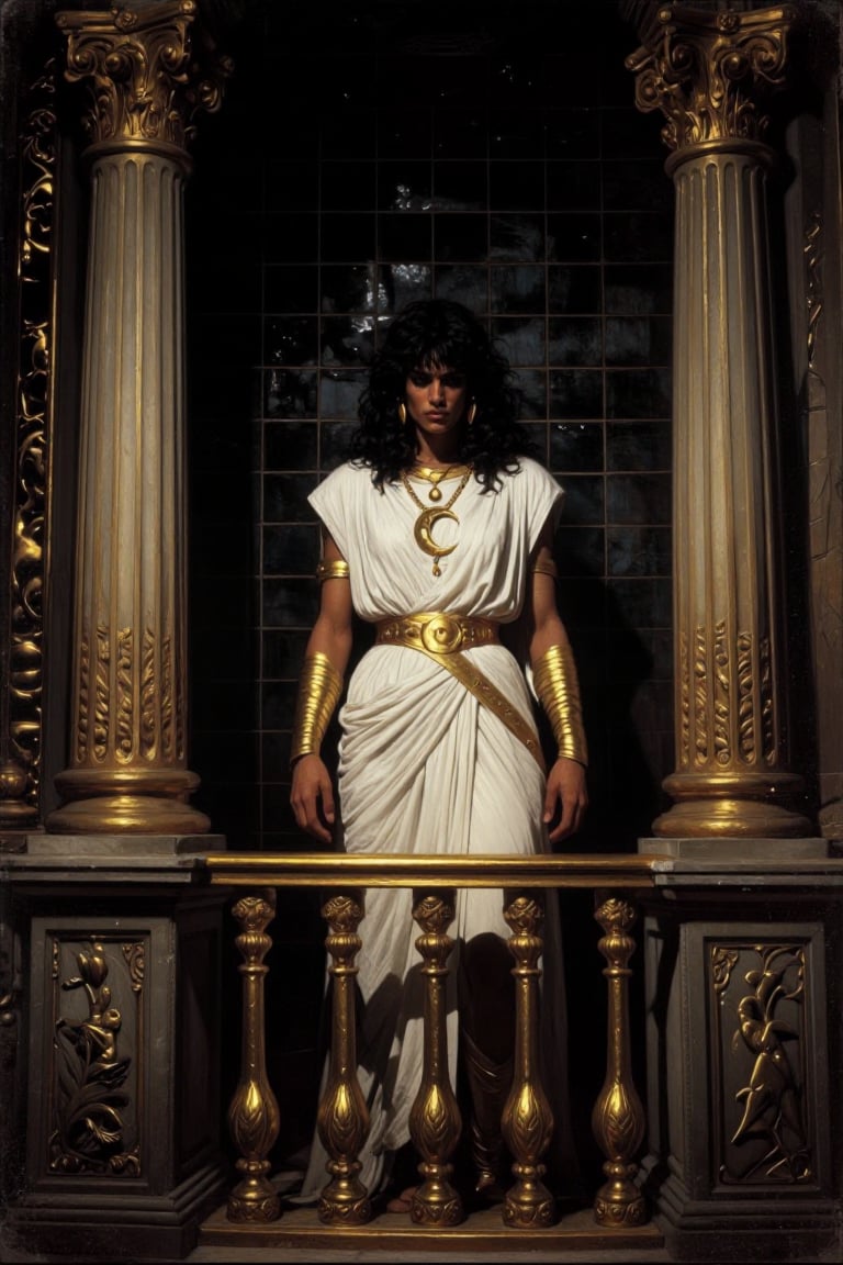 The image depicts a person standing in a classical architectural setting,  framed by ornate columns and a golden railing....