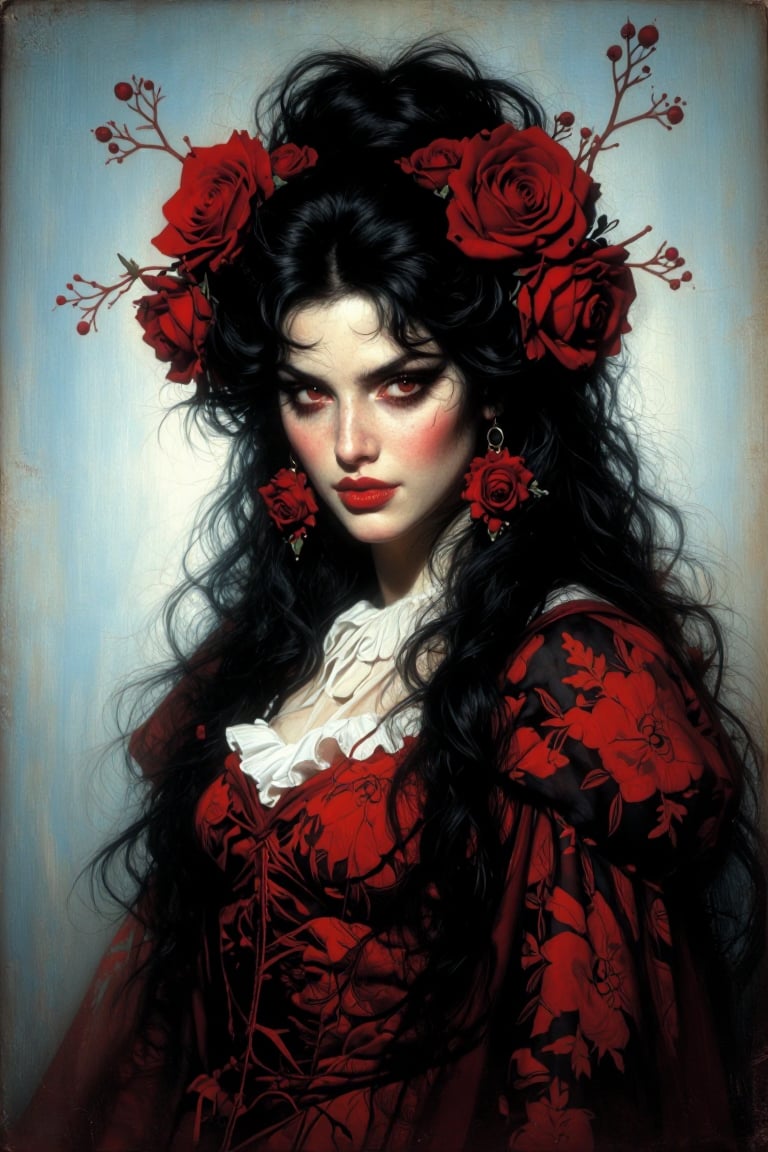 The image depicts a highly stylized and artistic portrait of a woman. She is adorned with intricate red and black attire f...