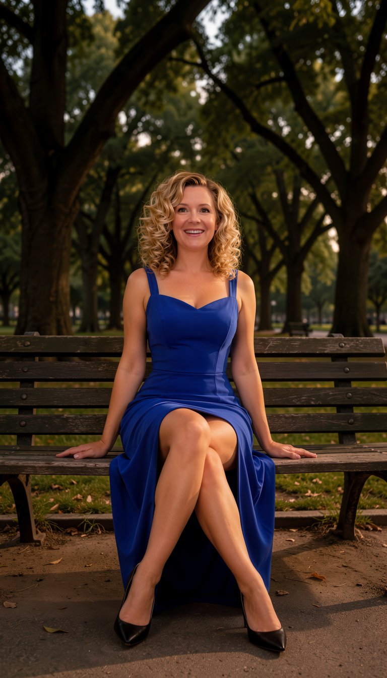 A beautiful woman with curly,  shoulder-length blonde hair is sitting on a park bench in a park with many large trees. She...