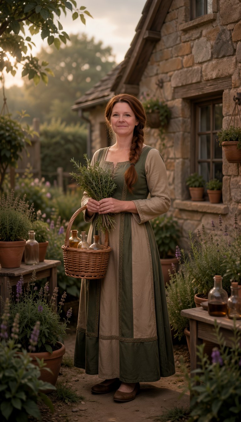 Beautiful gentle woman with long chestnut hair in a loose braid,  wearing a simple but elegant medieval healer dress in ea...