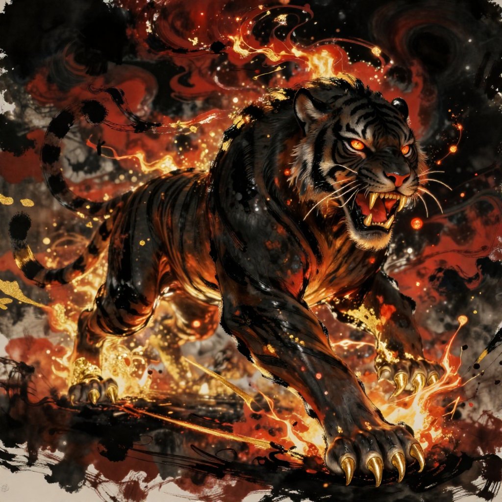 a ferocious tiger in mid-lunge,  its muscular body wreathed in swirling,  incandescent flames that lick upward like living...