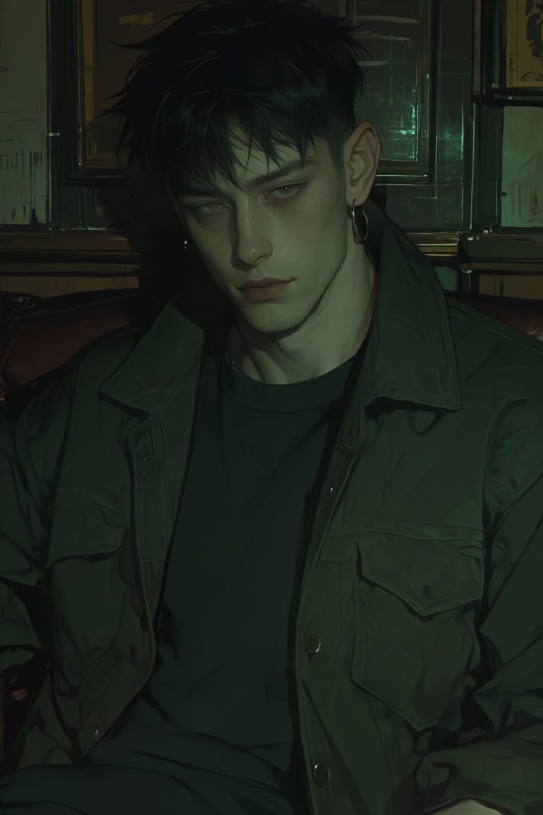 The image depicts a person sitting in a dimly lit room,  wearing a dark jacket over a black shirt. The individual has shor...