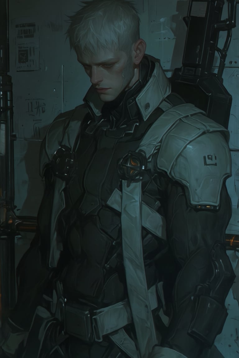 The image depicts a character with short,  spiky white hair,  standing in a dimly lit environment. The character is wearin...