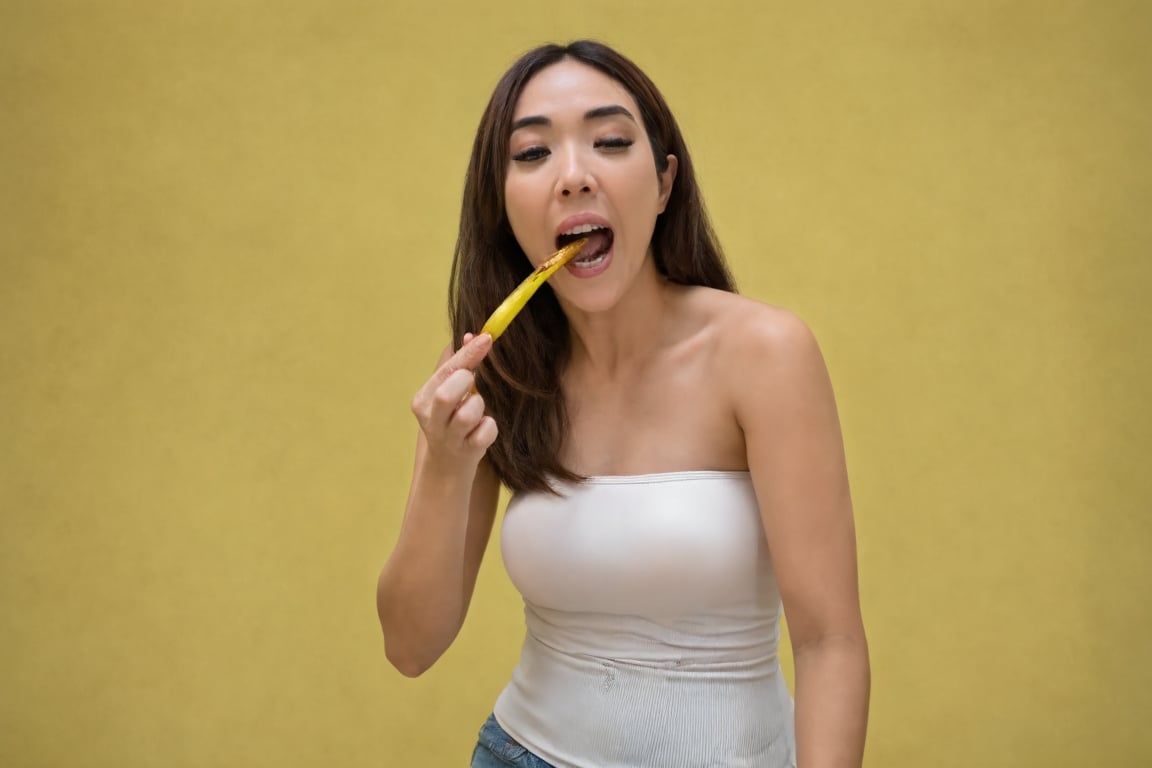 A photograph of an Asian woman with long dark hair,  wearing a white strapless top,  holding a banana close to her mouth....