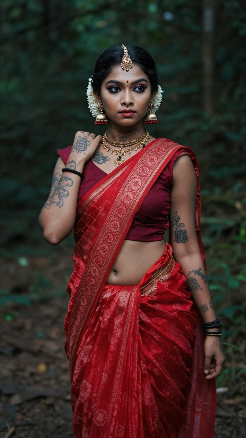 Create a woman with punk tattoos and makeup,  cyberpunk style ,  red pattu saree and blouse by LoRa Factory on Tensor.Art