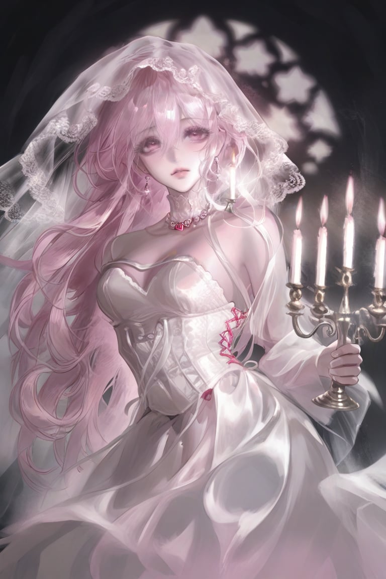 Subject: A beautiful,  ethereal ghostly bride,  long flowing pale pink hair by Me♡w Melody on Tensor.Art