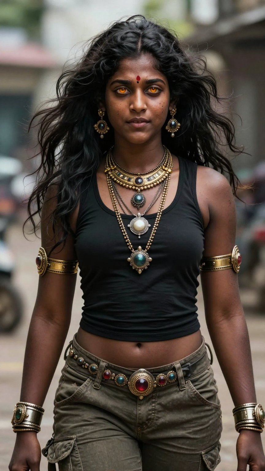 Ultra-realistic Indian demon goddess,  striking dark bronze skin with visible pores,  subtle scars by LoRa Factory on Tens...