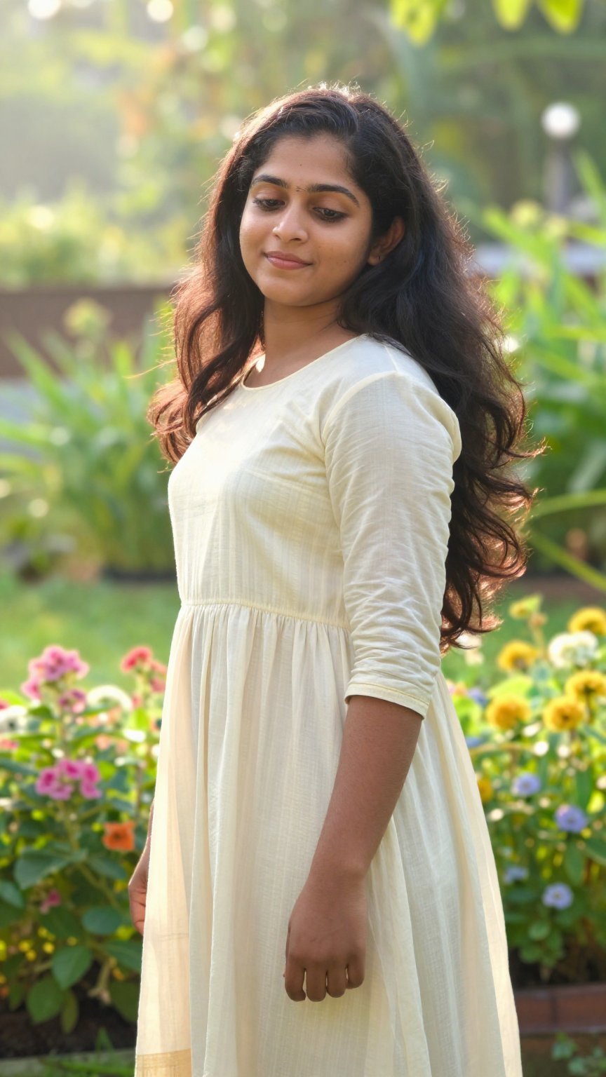 Detailed image of a kerala woman standing in a lush garden,  bathed in morning sunlight,  with soft pastel colors and a se...