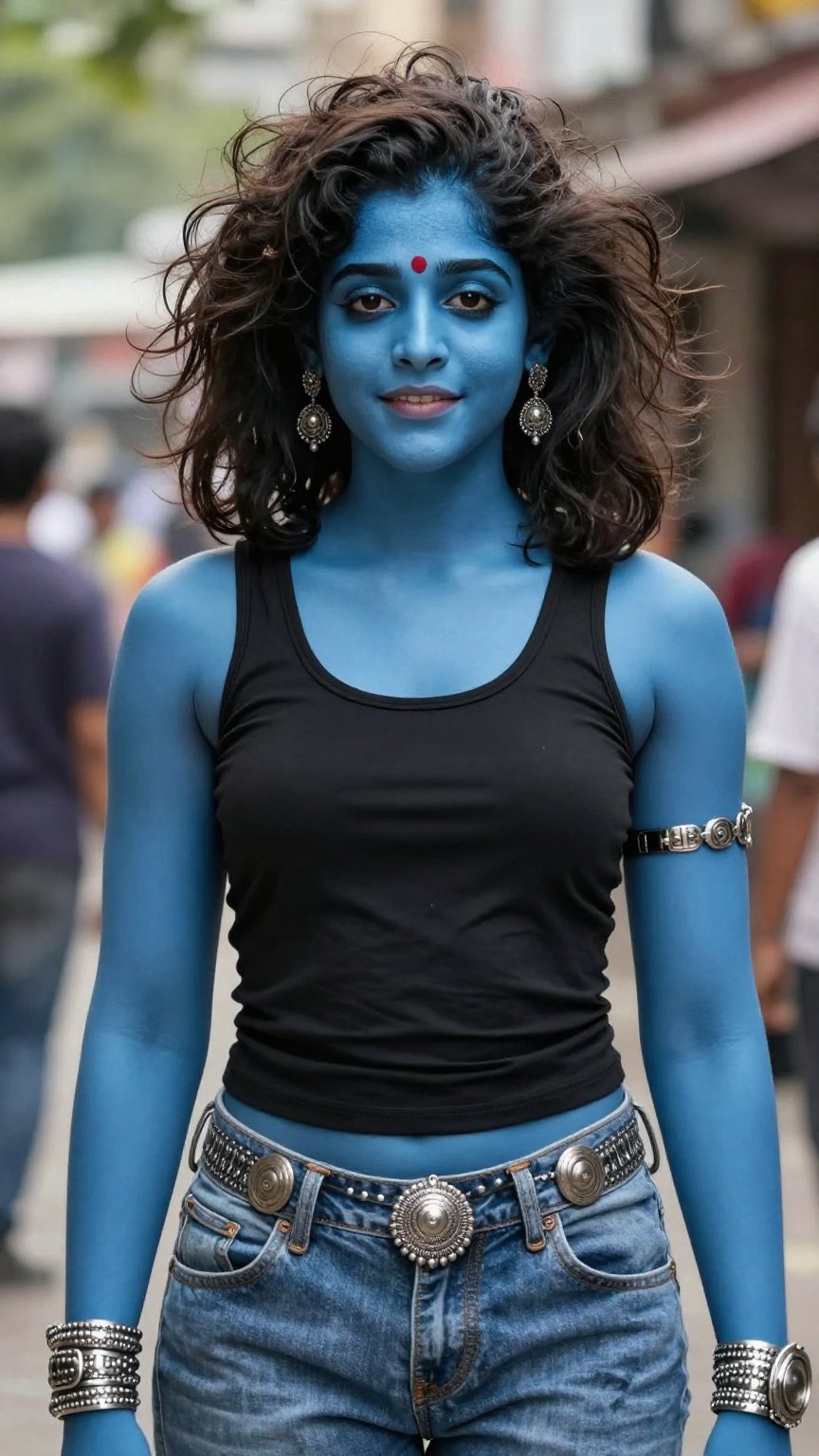 Hyperrealistic Kali Maa portrait,  natural-looking blue skin with lifelike texture,  messy Y2K blowout hairstyle by LoRa F...