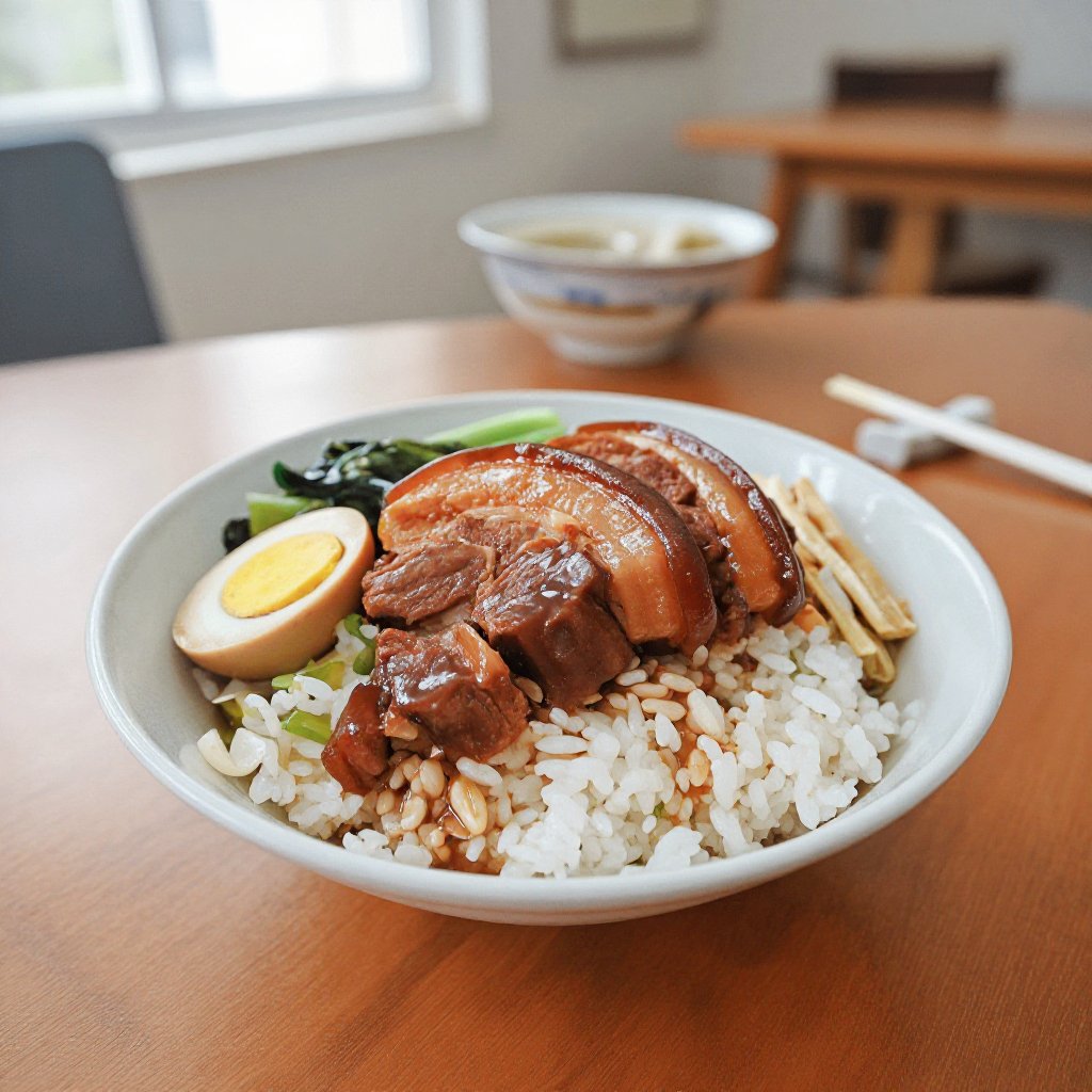 Ultra-realistic food photography featuring Kou Rou Rice as the absolute main subject. A traditional Taiwanese ceramic rice...