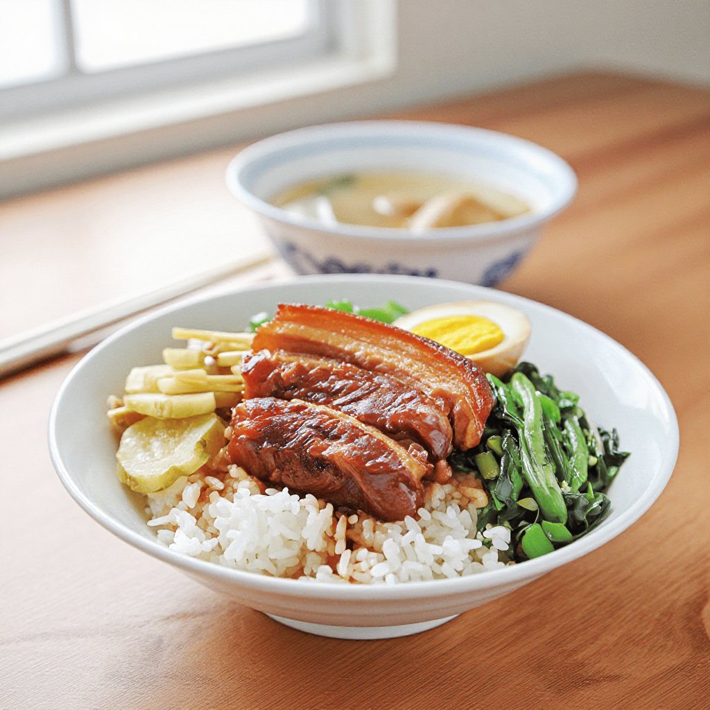 超寫實美食攝影,  以 Kou Rou Rice 為畫面絕對主體。 傳統台灣陶瓷飯碗盛裝白米飯,  上方放置一大塊厚切控肉。完整豬皮油亮有光澤 by CuteQ2025 on Tensor.Art