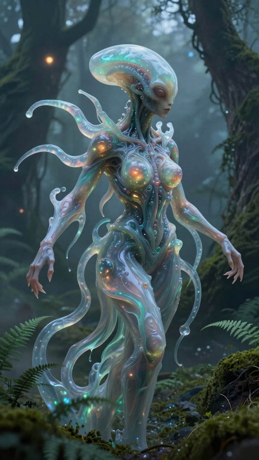 A majestic fluid-based alien entity of feminine essence,  an advanced superior perfect being that has modified its gelatin...