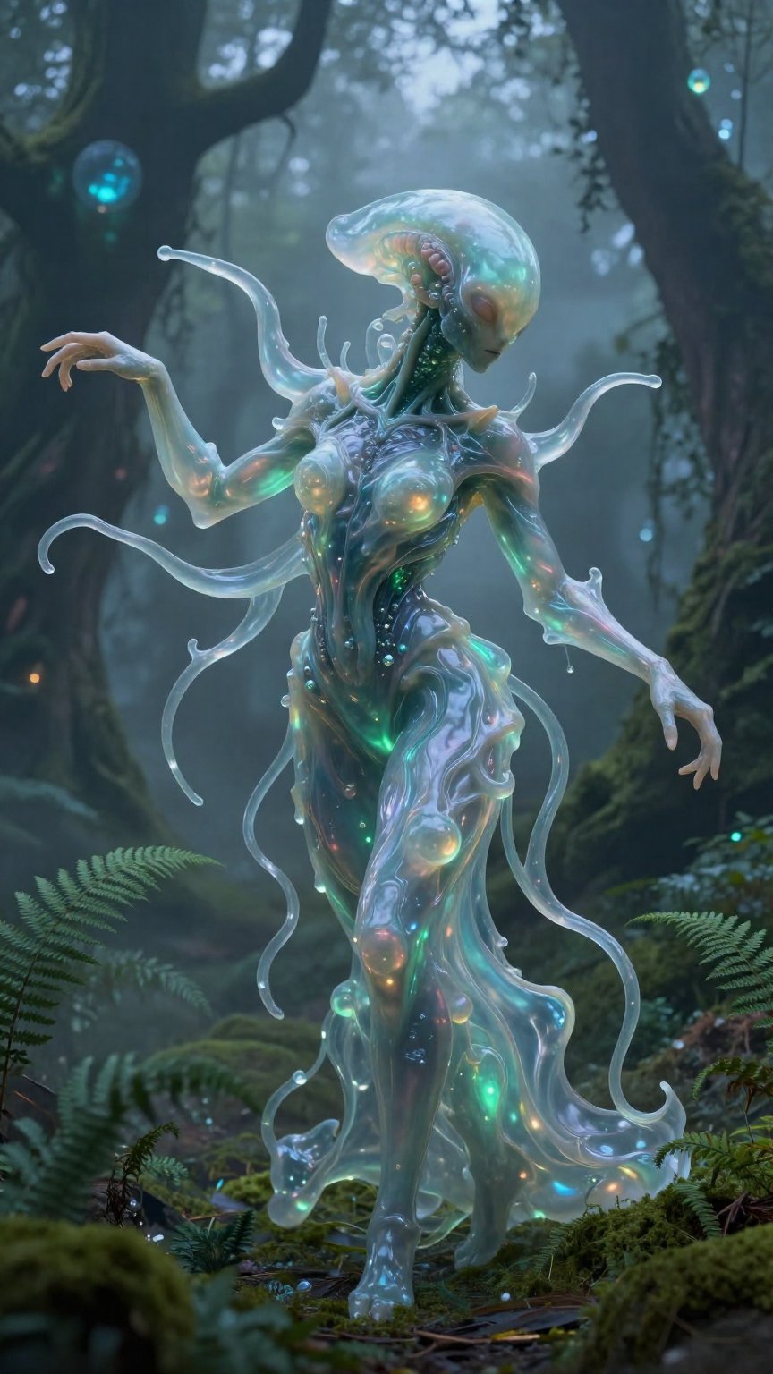A majestic fluid-based alien entity of feminine essence,  an advanced superior perfect being that has modified its gelatin...