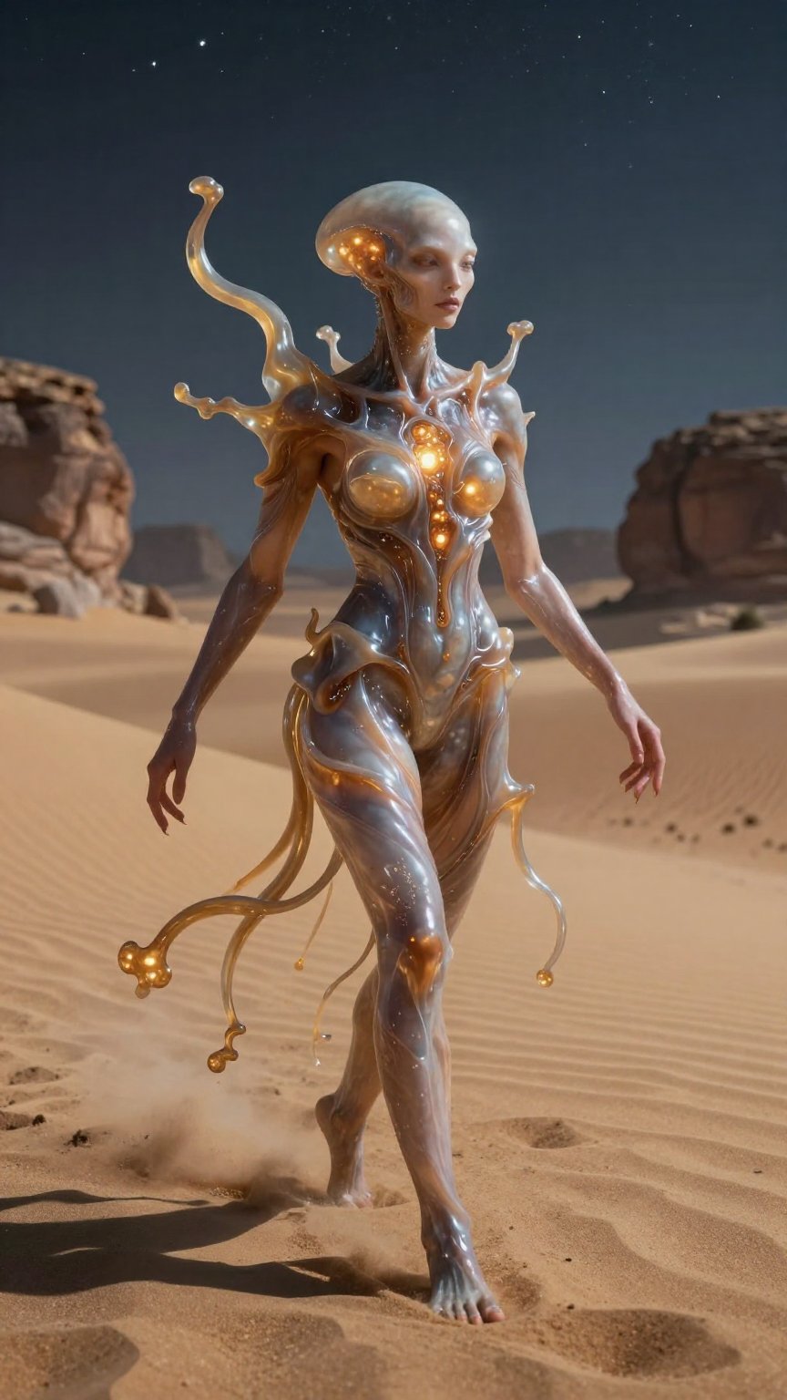Radiant fluid-based alien entity of feminine essence,  a highly advanced superior perfect being that has precisely modifie...