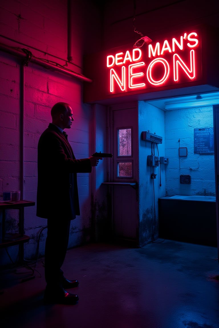 RETRO POSTER CINEMATIC ,  Poster title in bold White text "Dead Man’s Neon "—1968 noir-crime poster,  973 neon‑noir poster...