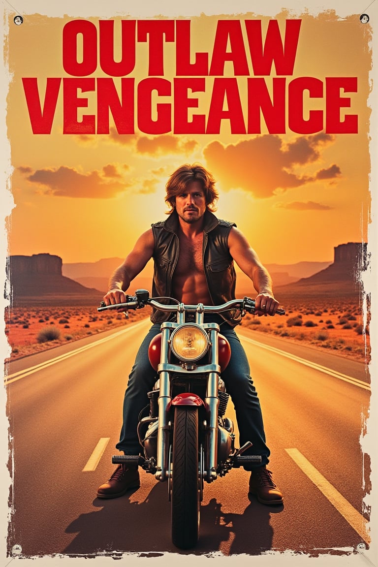 RETRO POSTER CINEMATIC 1970's title in red text Outlaw Vengeance—1971 revenge-thriller poster,  sun-bleached desert highwa...