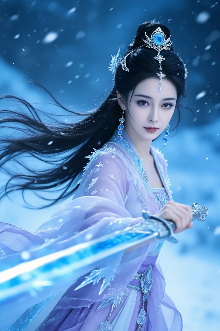 古风仙侠女子,  黑色长发（发丝随风飞扬）,  佩戴带有蓝色宝石的银色头饰、蓝色耳饰 by 6666666666666666 on Tensor.Art