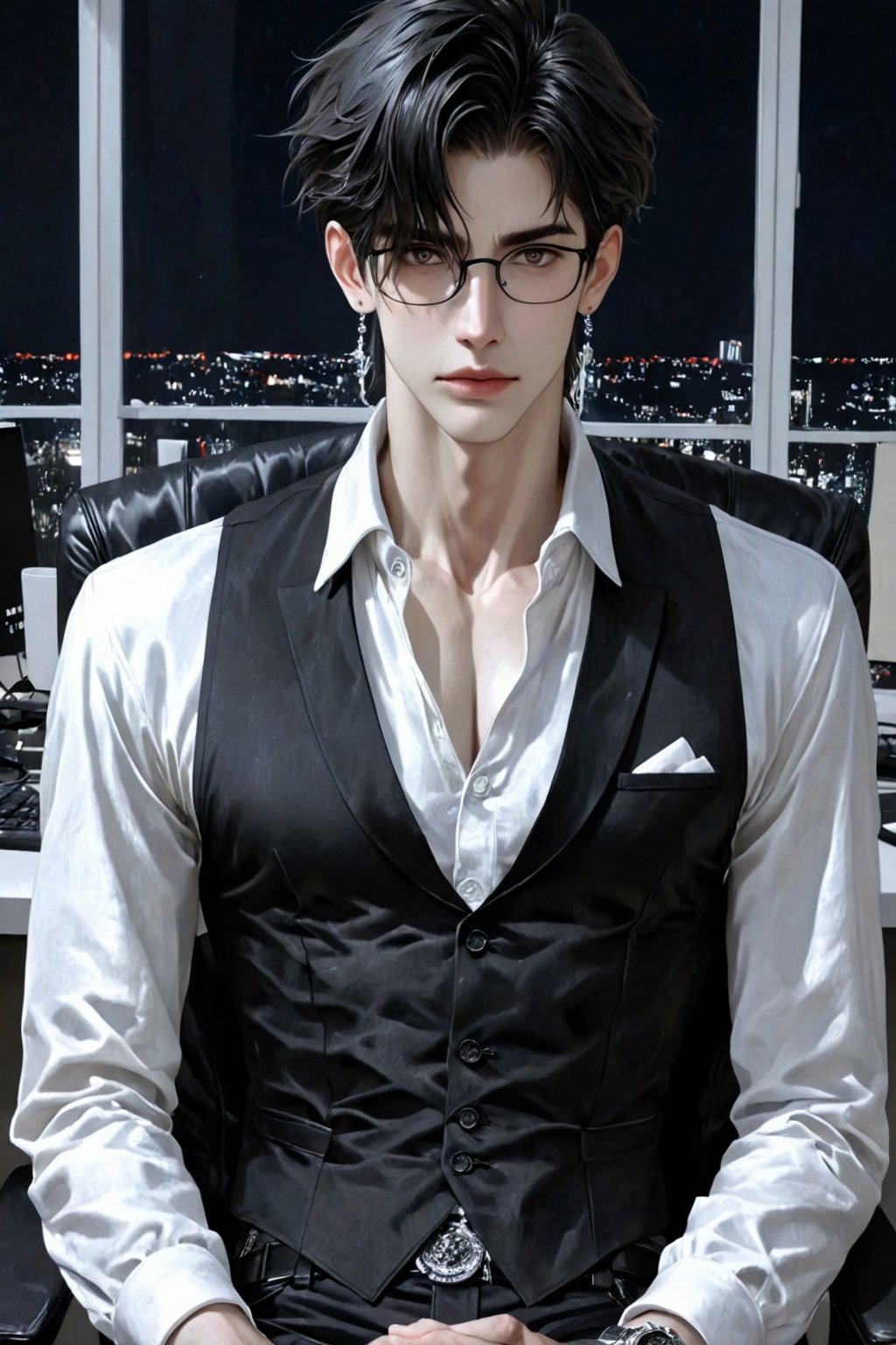 A photo-realistic shoot from the side about a young man with short black hair and glasses sitting in an office chair,  wea...