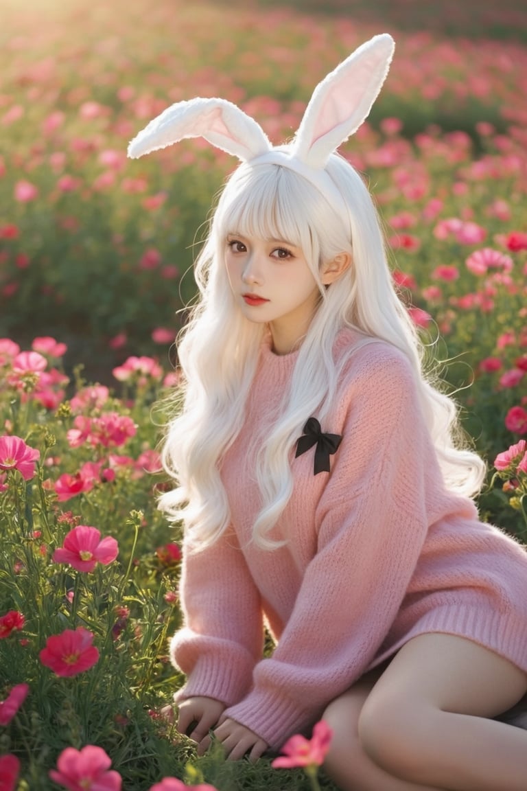 A beautiful young woman with long white hair and cute bunny ears sitting amidst a field of pink blossoms. She is wearing a...