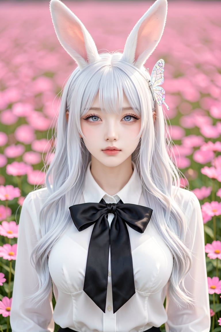 A highly detailed photorealistic shot of a girl with long wavy white hair,  featuring bunny ears and a shimmering butterfl...
