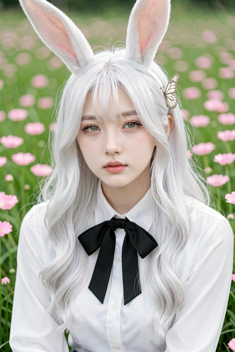 A photo-realistic close-up portrait of a young woman in her early twenties with long,  wavy white hair and soft bunny ears...