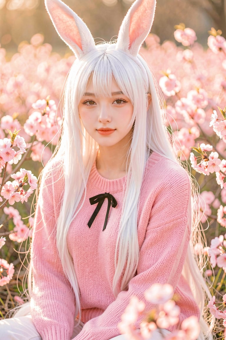 A beautiful young woman with long white hair and cute bunny ears sitting amidst a field of pink blossoms. She is wearing a...