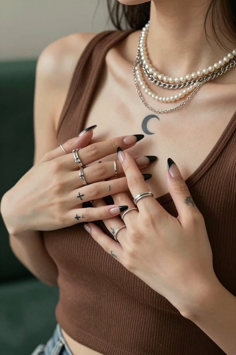 Intimate close-up perspective of a woman's hands resting near her chest. She wears a brown ribbed sleeveless top,  elegant...
