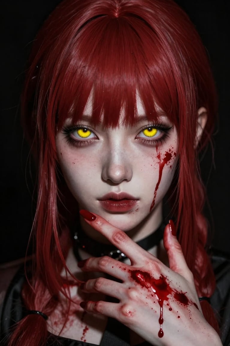 A dark and gritty portrait of Makima with a heavy gothic atmosphere. Her red hair and distinct ringed yellow eyes are the...