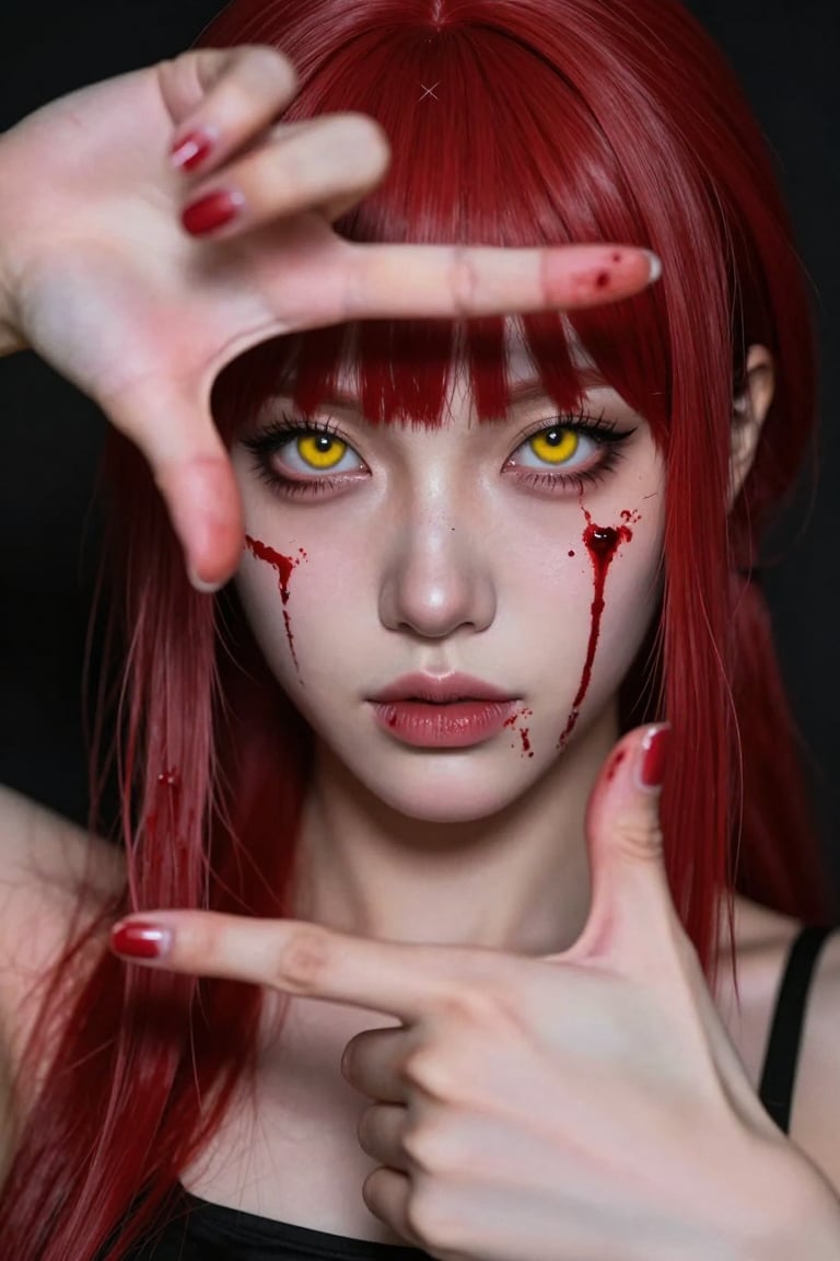 A masterpiece cinematic close-up of Makima from Chainsaw Man. She has long red hair and piercing yellow ringed eyes starin...