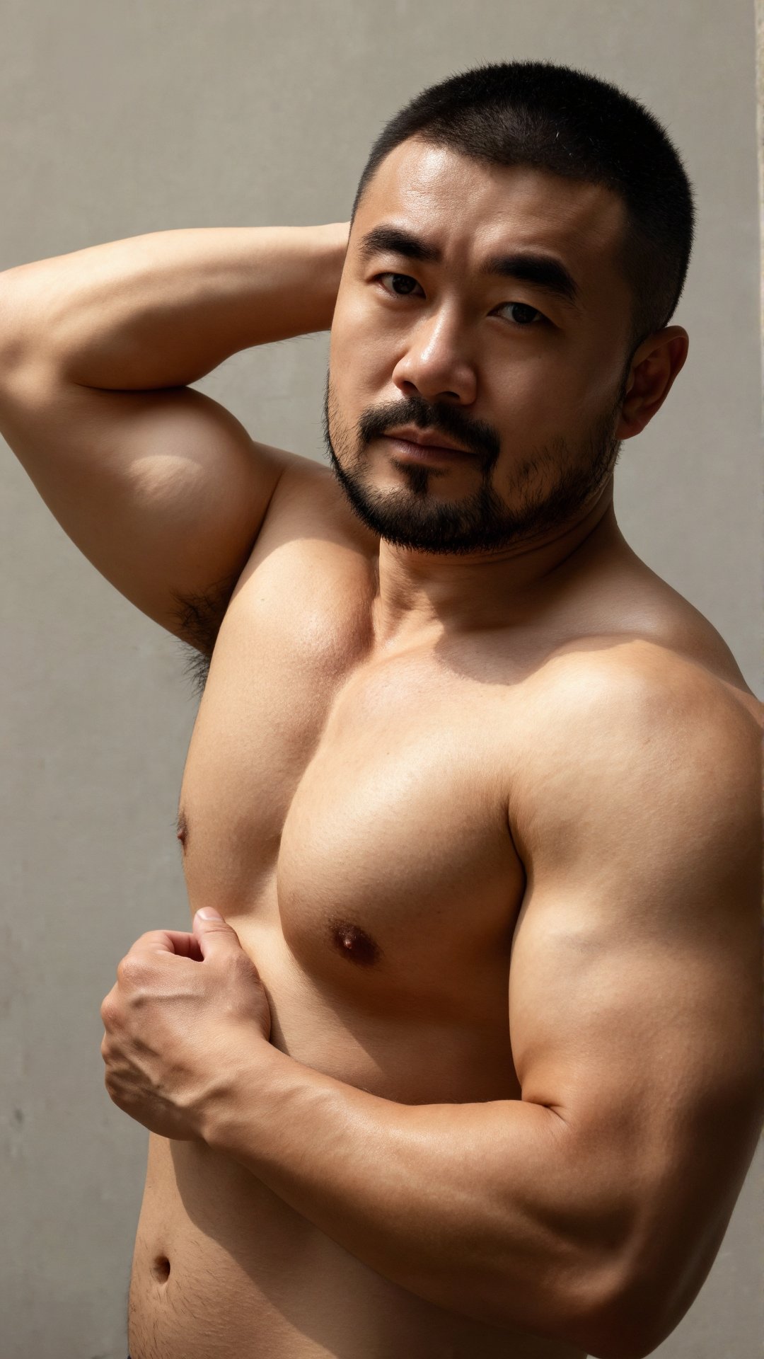 亚洲熟男,  一名体格强壮的成年男子,  拥有显著的纯肌肉身材 by 一起旅行 on Tensor.Art