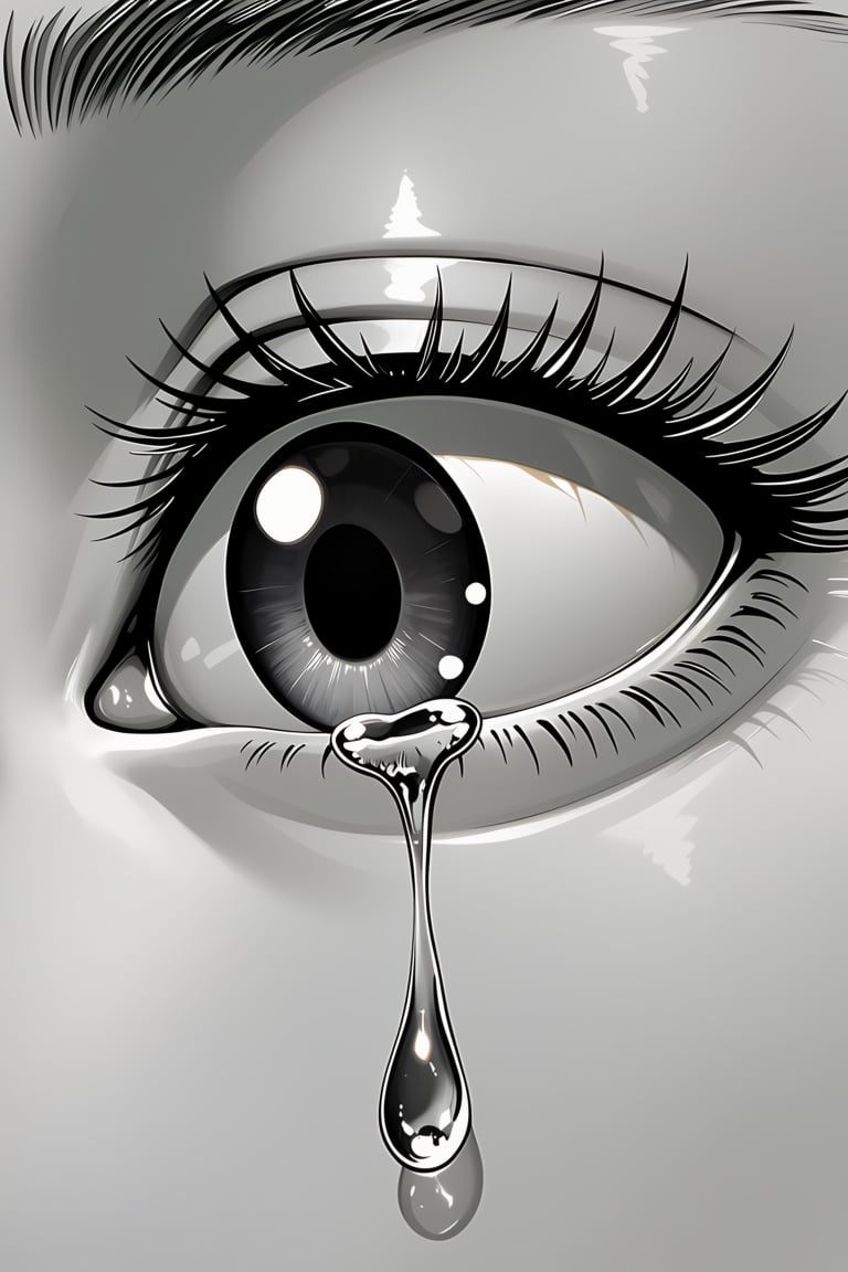 A close-up grayscale image depicts a human eye with a single tear falling from its lower eyelid. The eye is open and appea...