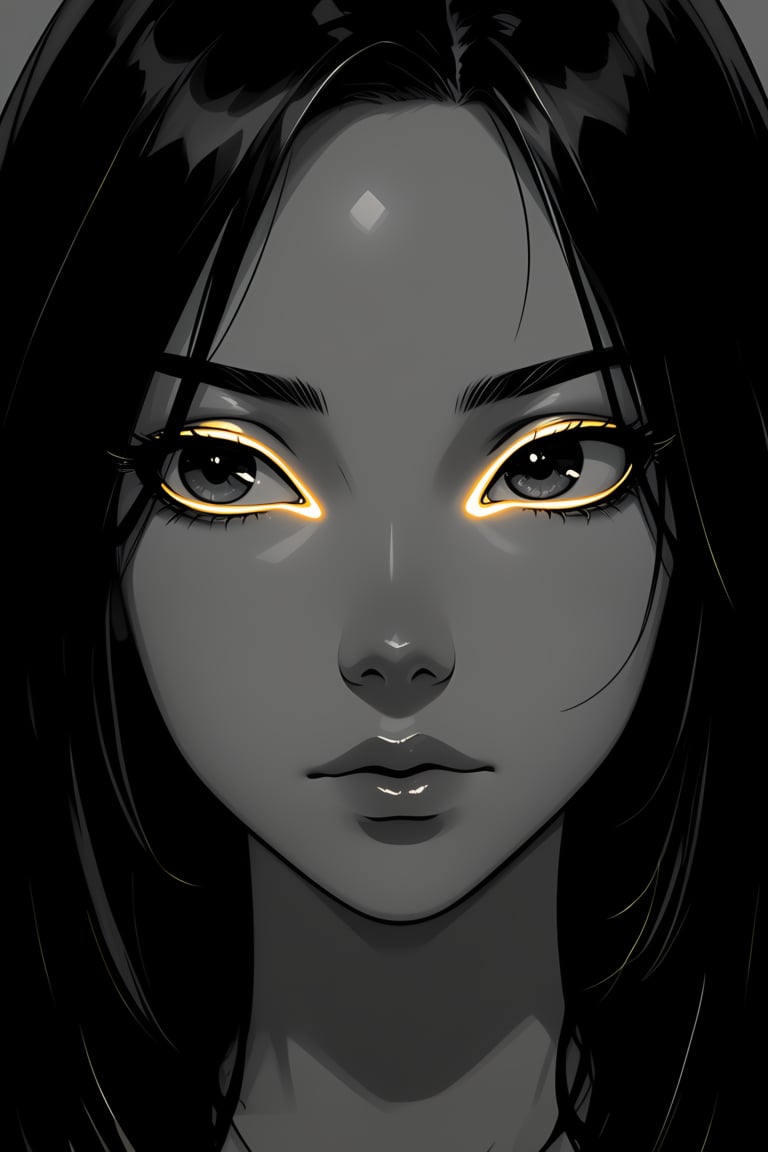 Monochrome,  a portrait of a woman drawn in grayscale shading,  with a subtle neon outline around her eyes and a soft glow...