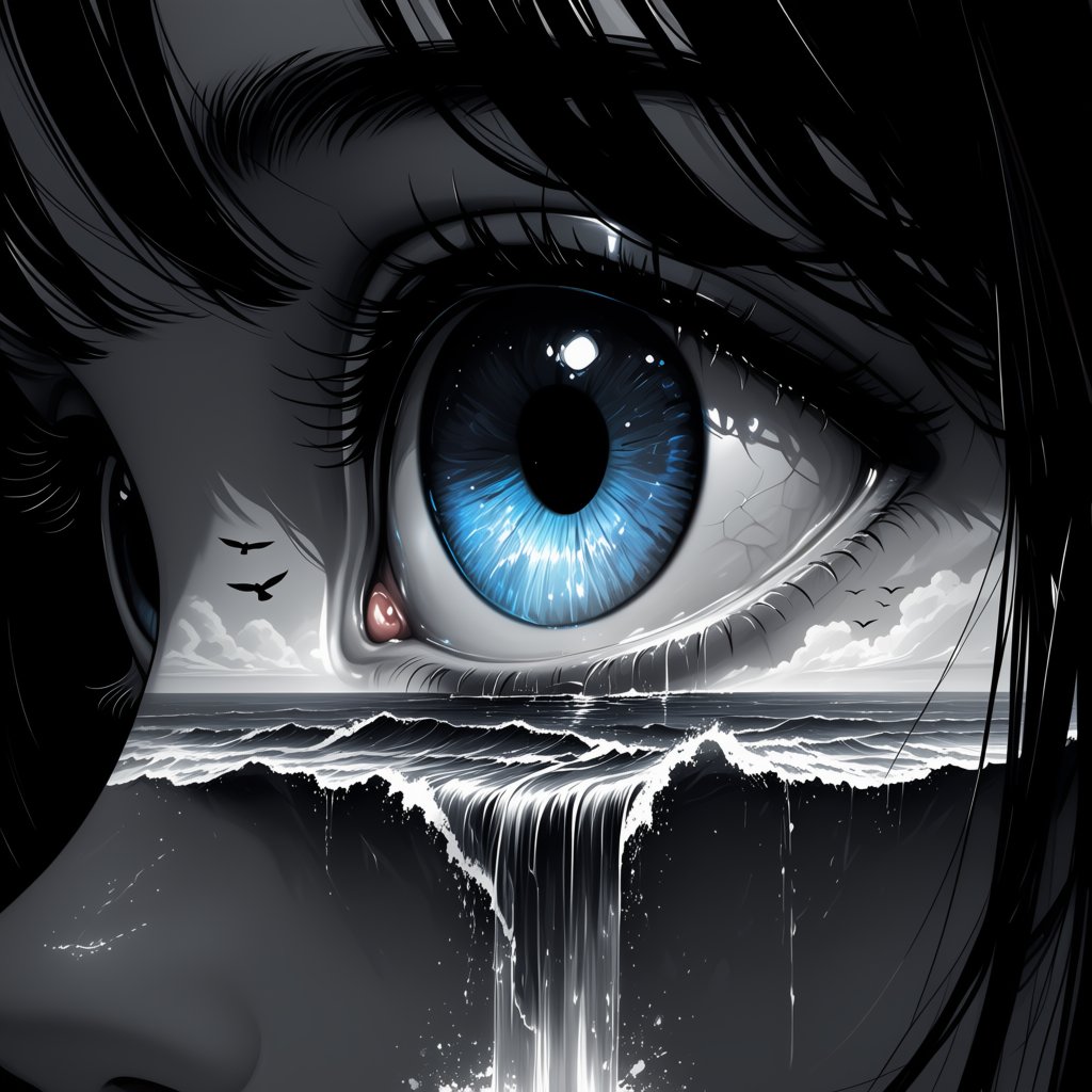 digital art,  a grayscale close-up shot focusing on a single blue eye. The eye is divided horizontally. The lower half of...