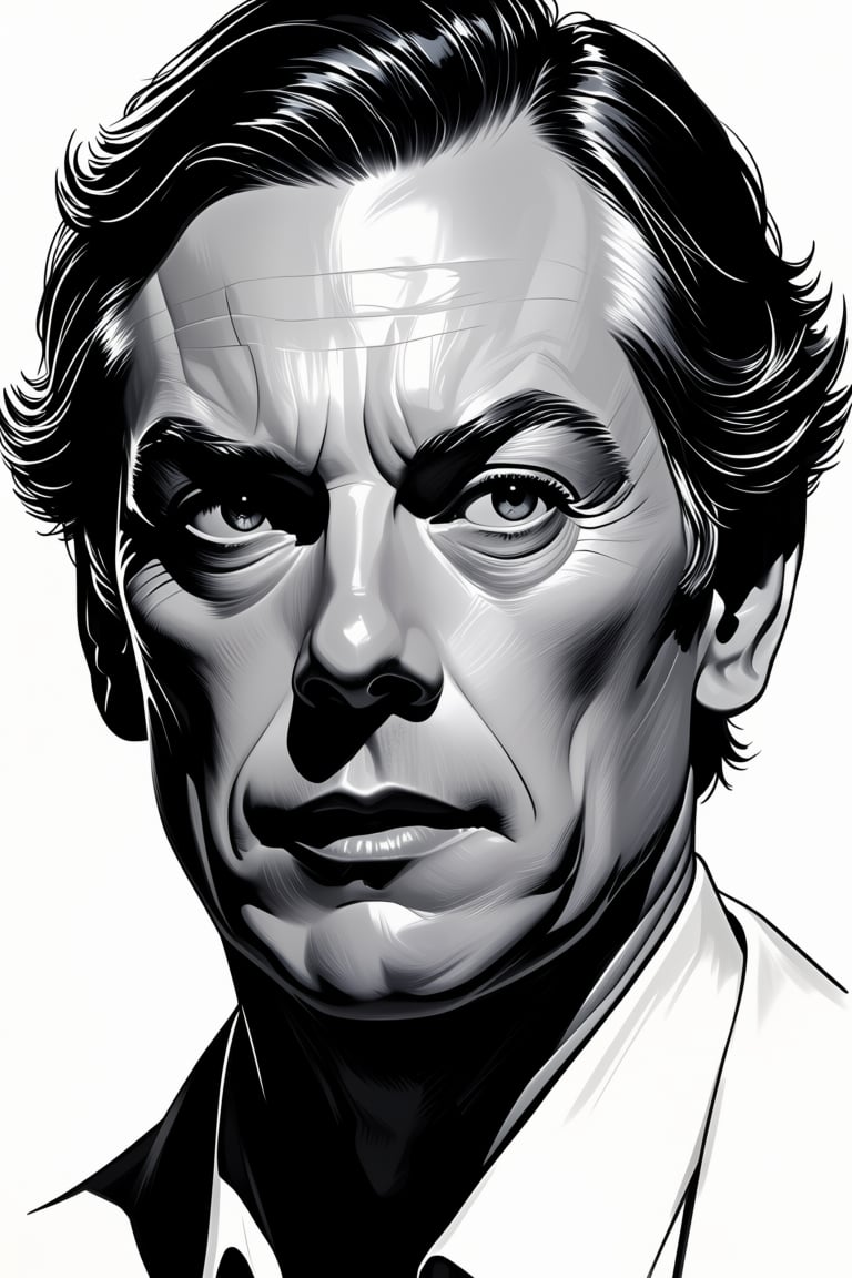 @digital art,  a grayscale cinematic close-up pencil portrait on a white background. The style combines the elegance of Ja...