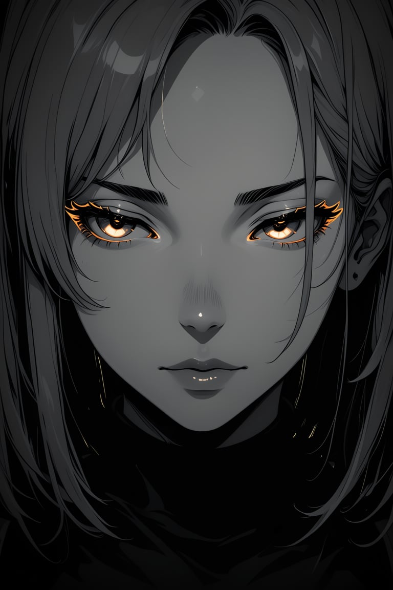 anime,  a portrait of a woman drawn in grayscale shading,  with a subtle neon outline around her eyes and a soft glow only...