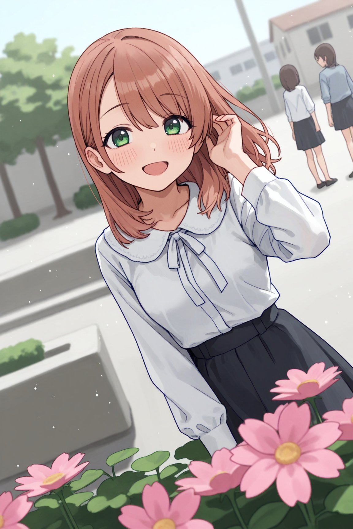 aesthetic illustration,  A young girl stands outdoors,  her green-eyed appearance framed by the interplay of sunlight and...