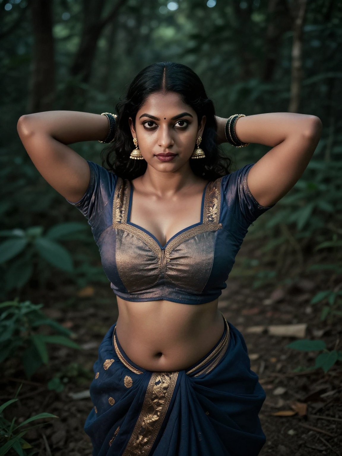 Shot from extreme above,  Create a cinematic scene set outdoors in a darker forest,  capturing the essence of allure and c...