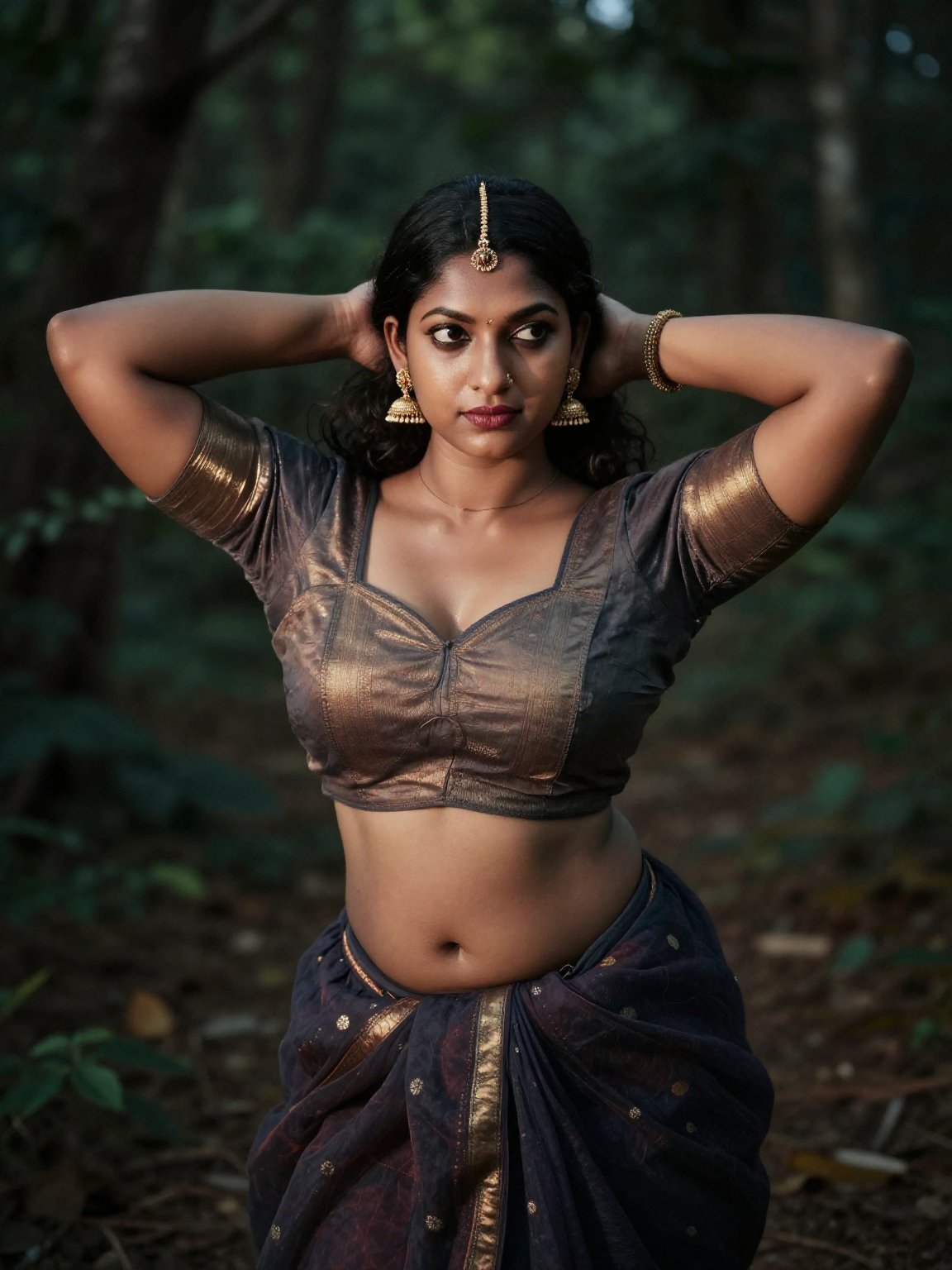 Shot from extreme above,  Create a cinematic scene set outdoors in a darker forest,  capturing the essence of allure and c...