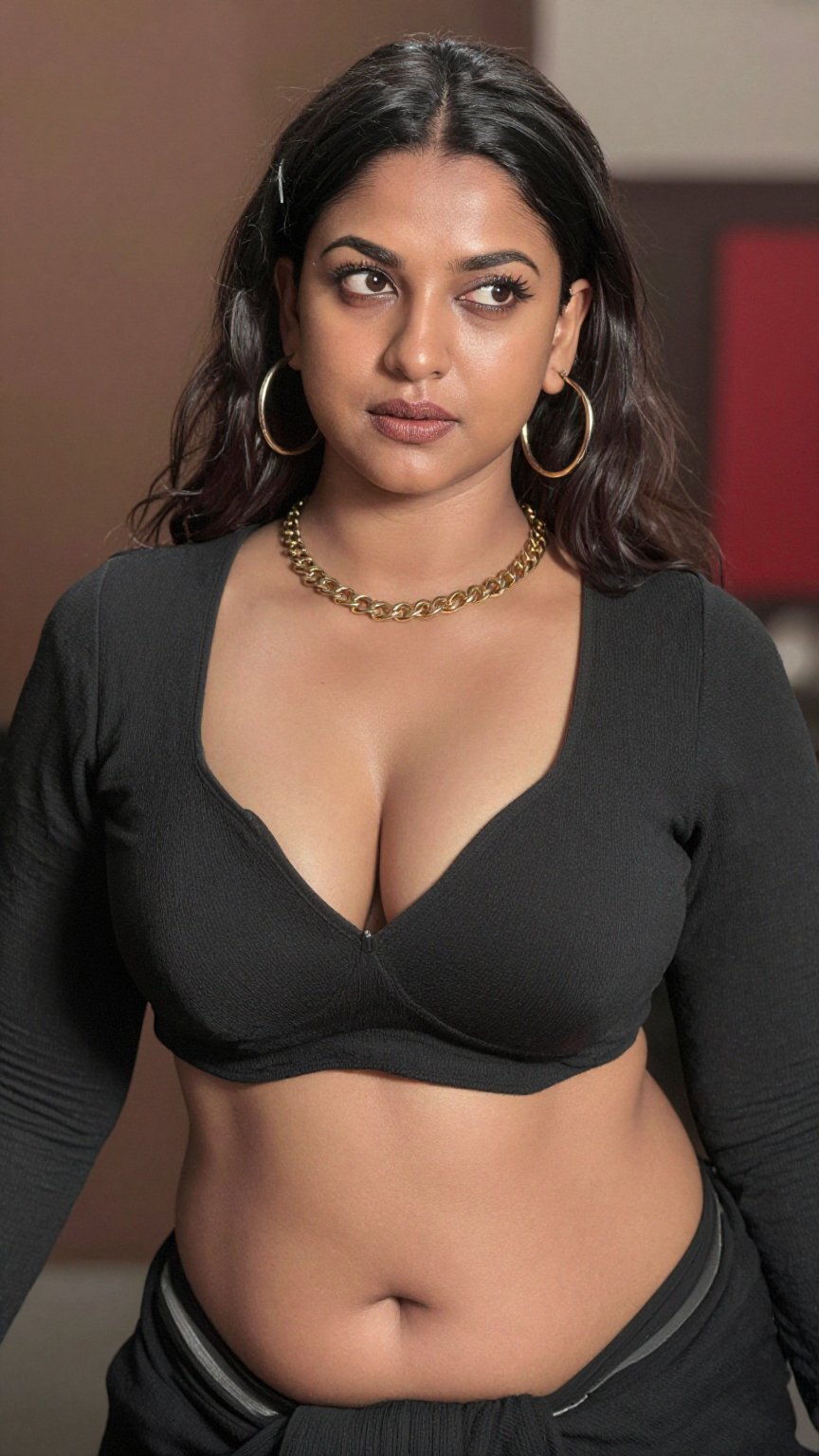 Photograph of a Bangali woman with light olive skin and dark,  slicked-back hair,  wearing a black by LoRa Factory on Tens...