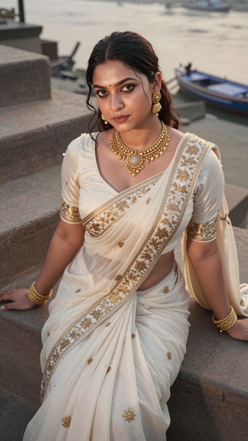 Ultra-realistic portrait of a Bengali woman with cool pale skin,  full eyebrows,  bronze shimmer makeup by LoRa Factory on...