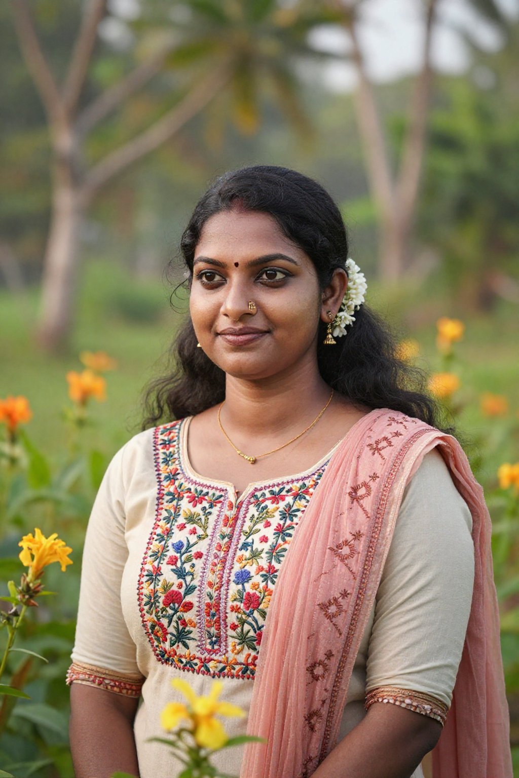 A detailed image of a Kerala woman,  dressed in traditional attire,  standing amidst lush greenery and vibrant flowers. Th...