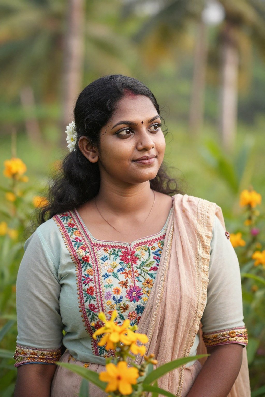 A detailed image of a Kerala woman,  dressed in traditional attire,  standing amidst lush greenery and vibrant flowers. Th...